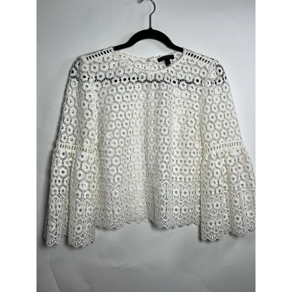 J CREW White Daisy Lace Boxy Top Blouse Bell-Sleeve Sz 2 Boho Floral‎ Whimsy